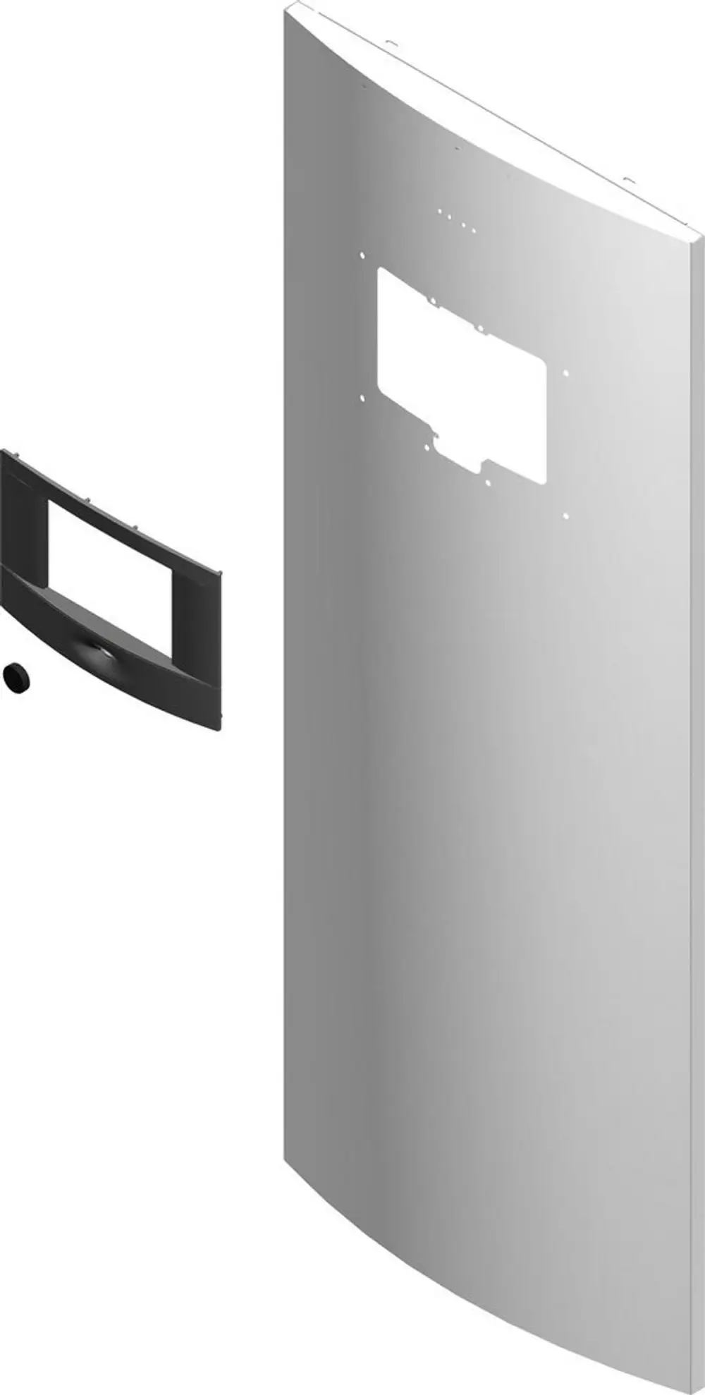 BOSCH Vorderwand in gebogener Form, grau mit Ausschnitten und Montageschienen. Entlang der Kante ist ein separates schwarzes Teil sichtbar.